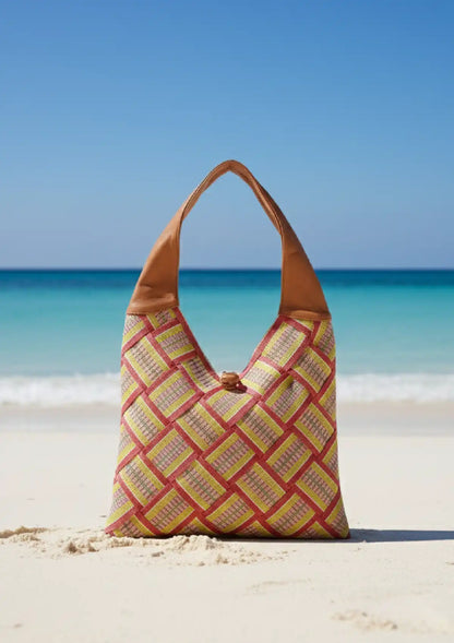 BROWN BASKET WEAVE BEACH BAG