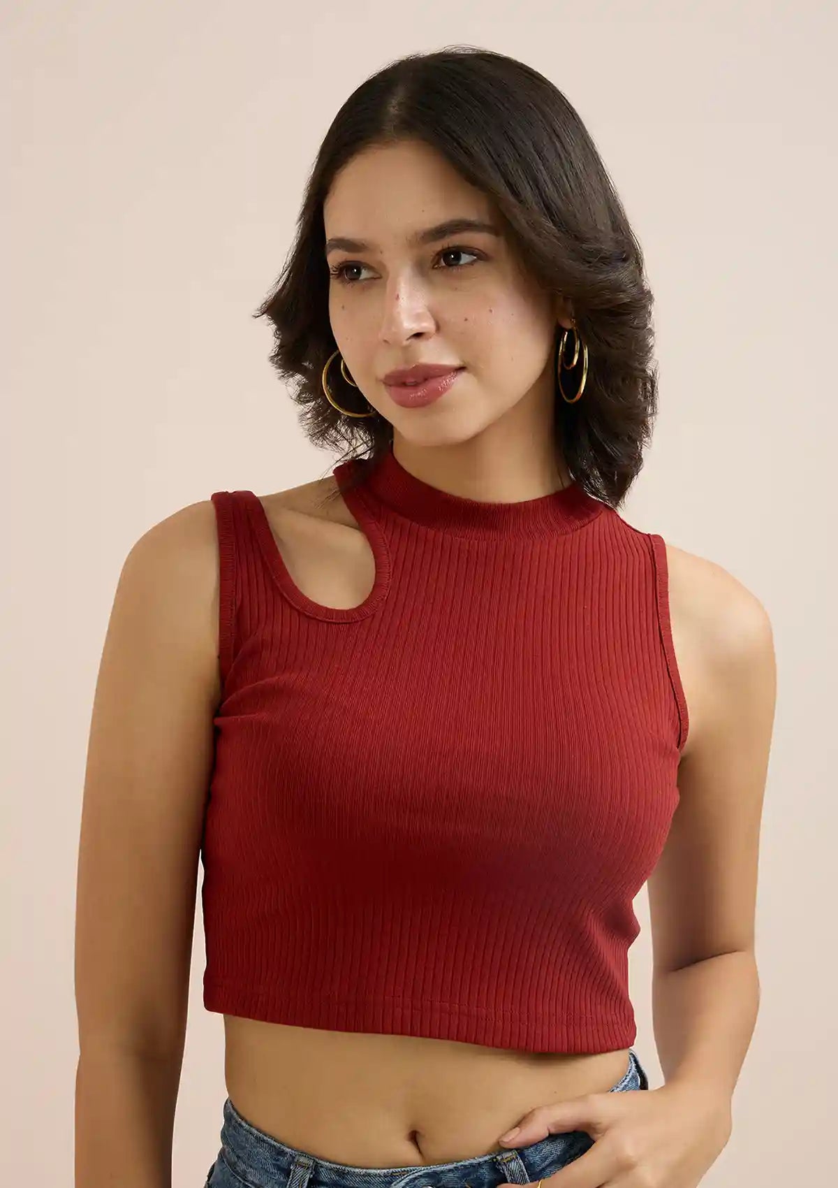Burgundy Cut Out Crop Top for women