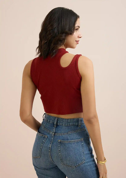 Burgundy Cut Out Crop Tops for women