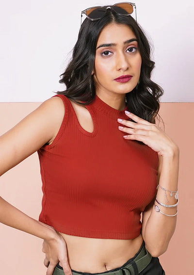 Burgundy Cut Out Crop Top showcasing ribbed fabric and cropped silhouette