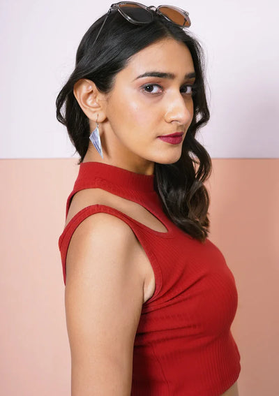 Burgundy Cut Out Crop Top with asymmetrical shoulder design