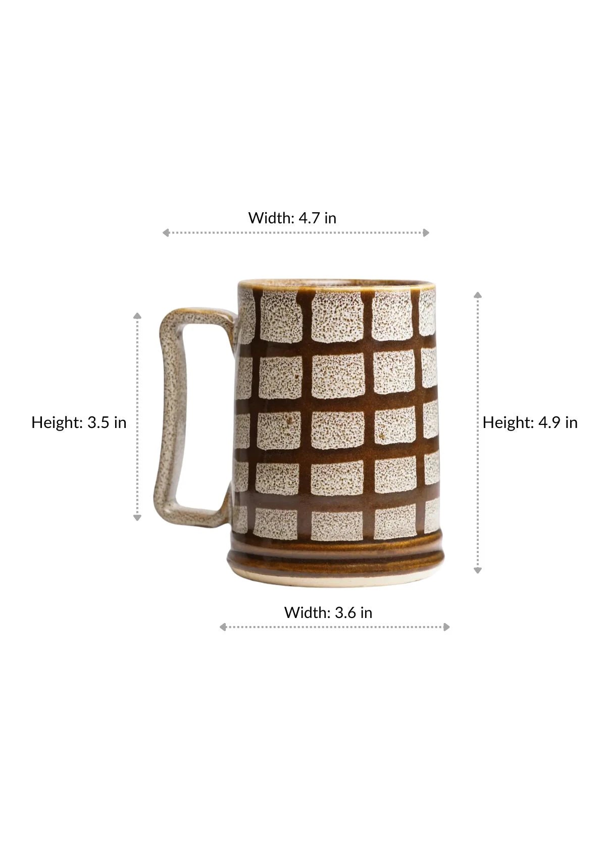 Ceramic mug with checkered pattern and measurements