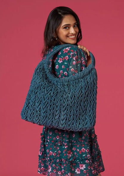 Denim Smocked Tote Bag