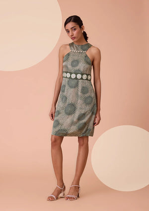 Eirene Halter Cut-Crew Neck Pearl Studded Dress