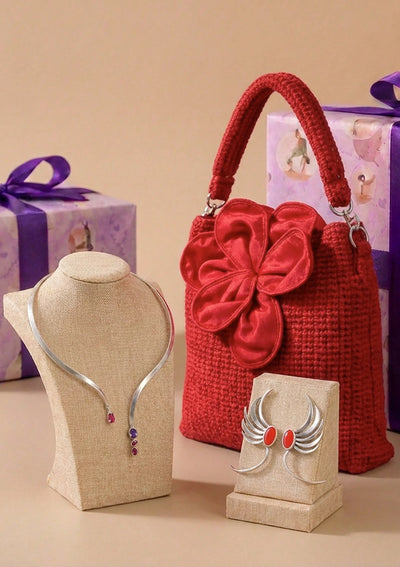 Effortlessly Her Gift Set for Her II | Red Crochet Bag, Cuff Earrings & Stone Drop Choker Necklace