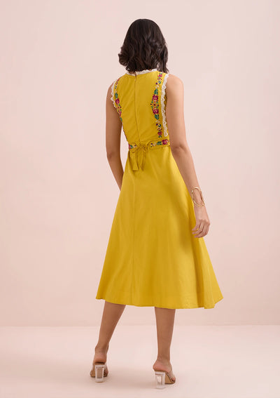 El Sol-Mustard Midi Embroidered Crew Neck Dress Price
