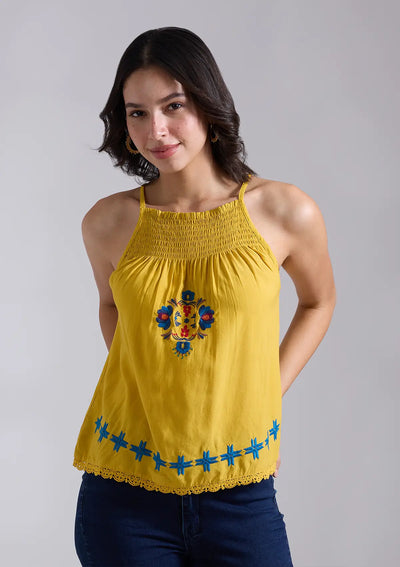El Sol - Shirred Neckline Embroidered Top