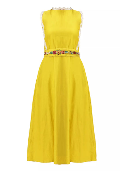 Buy El Sol - Mustard Embroidered crew neck dress Online