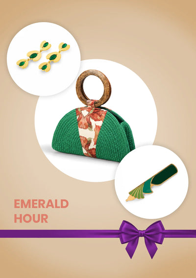 Emerald Hour Date Night Gift Set for Her | Hand Painted Clutch, Art Deco Hair Slide & Green Onyx Earrings