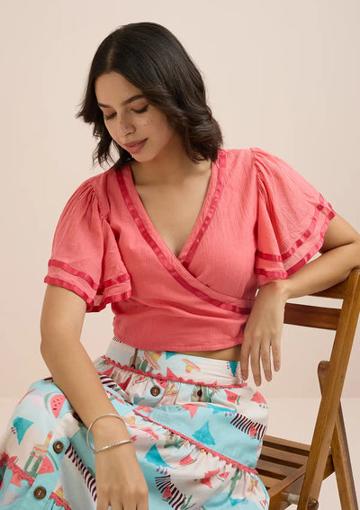Fiesta Mexique-Pink Overlap Top & Printed Tier Skirt Set For Women