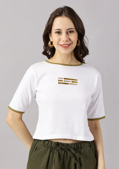 Foil Printed Graphic T-shirt with back cutouts and contrasting hem binding
