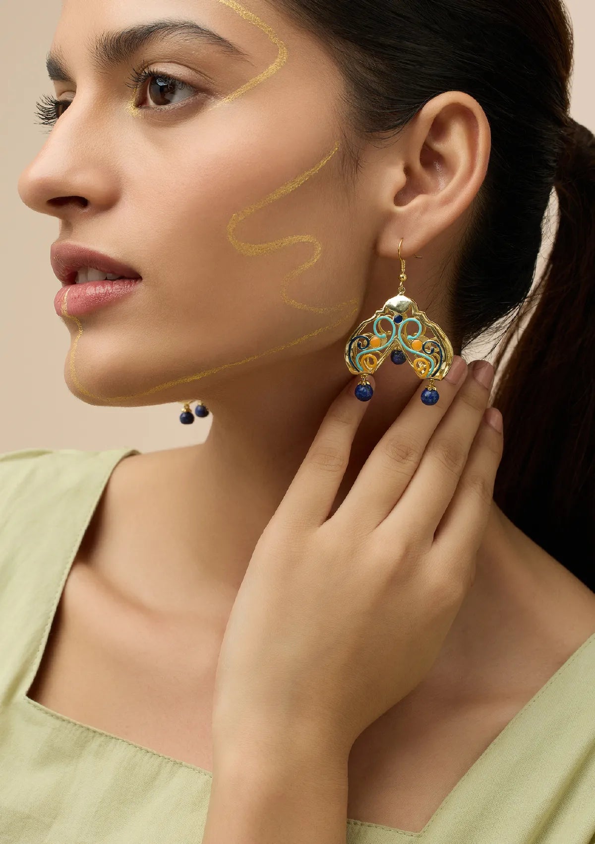 Folded Danglers with Lapis Bead Drops For Women