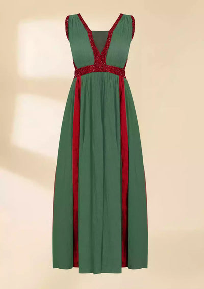 Frosted Wine - Dark Olive Crinkled Viscose Party Dress