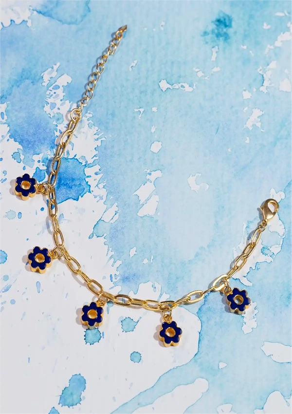 Glitzy Flower Charm Bracelet (Blue)