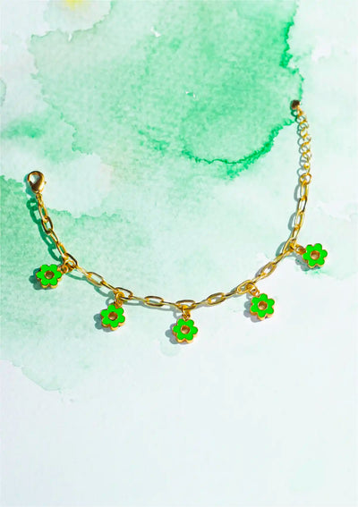 Glitzy Flower Charm Bracelet (Green)