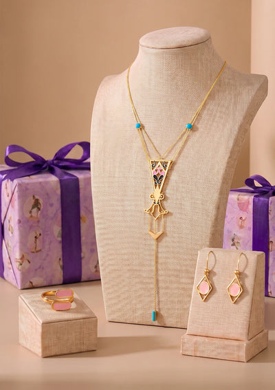 Glossy Enamel Festive Gift Set for Her | Layered Enamel Necklace, Pink Enamel Ring & Pink Enamel Earrings
