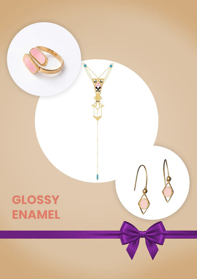 Glossy Enamel Festive Gift Set for Her | Layered Enamel Necklace, Pink Enamel Ring & Pink Enamel Earrings