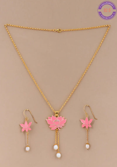 Gold Finish Silver Lotus Pendant Necklace with Earrings