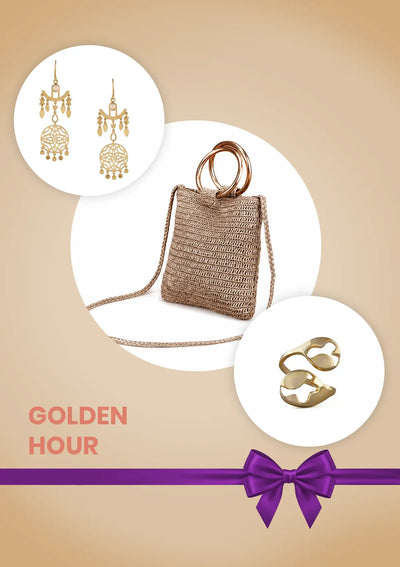 Golden Hour Anniversary Gift Set for Her | Gold Party Bag, Filigree Earrings & Gold Ring