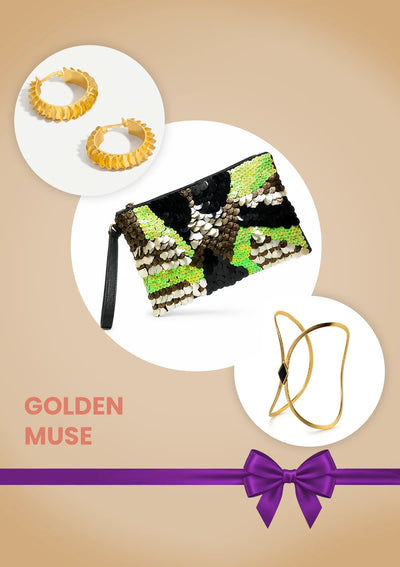 Golden Muse Anniversary Gift Set for Her | Sequin Clutch, Black Enamel Bracelet & Wavy Hoops
