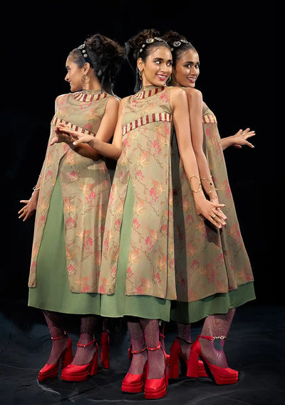 Vine Serenade - Green Abstract Printed Party Dress