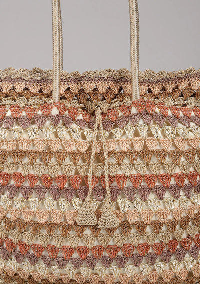 Handcrafted Crochet Tote Cum Potli Handbag - Beige