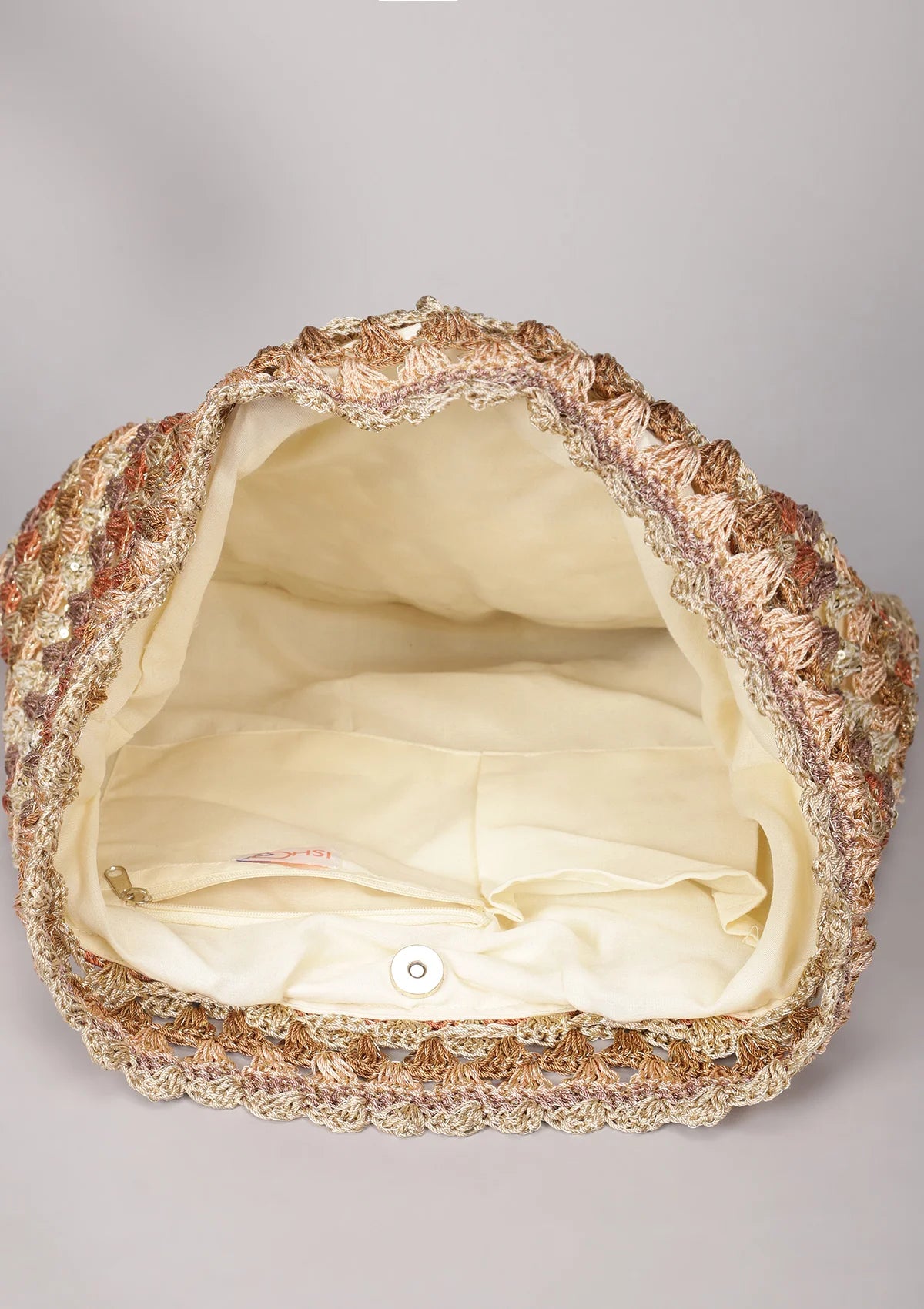 Handcrafted Crochet Tote Cum Potli Handbag - Beige Price