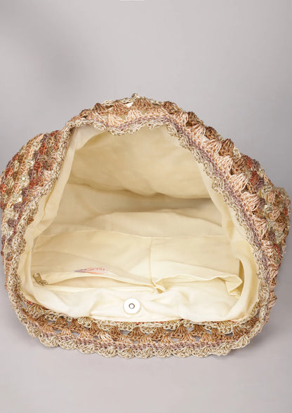 Handcrafted Crochet Tote Cum Potli Handbag - Beige Price