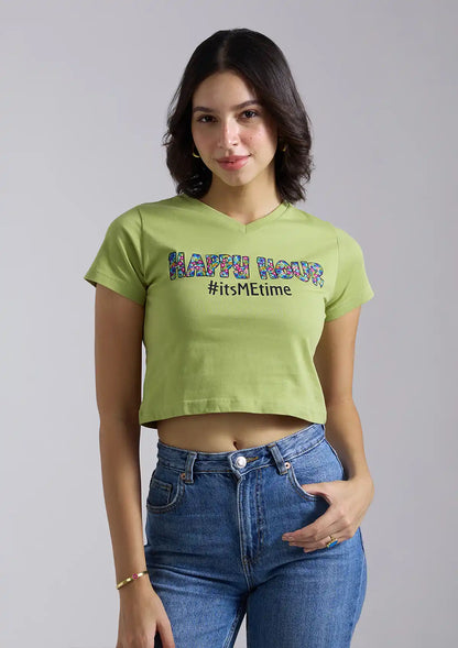 Happy Hour V Neck Green Crop Top for women