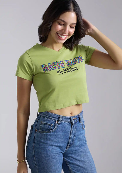 Happy Hour V Neck Green Women Crop Tops