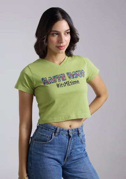 Happy Hour V Neck Green Crop Top for women
