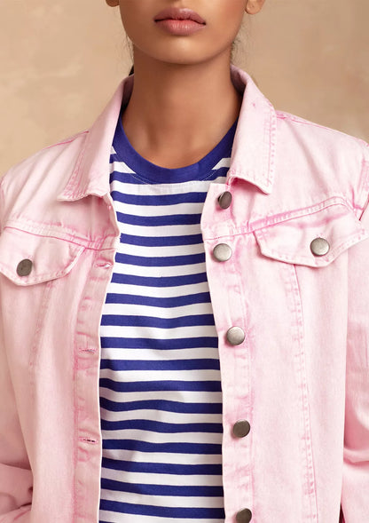 Hayley - Pink Denim Jacket with Blue Striped Dress Price