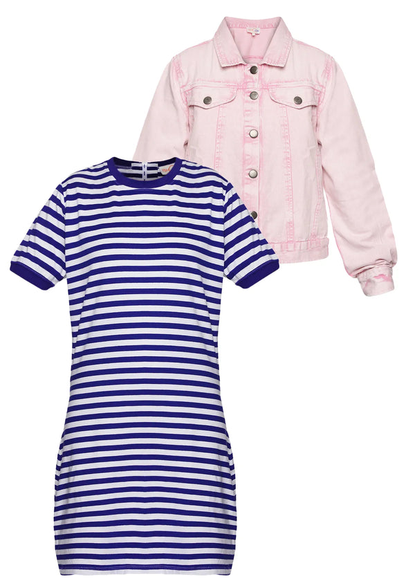 Pink Jeans Jacket for Women - Buy Pink Denim Jacket and Blue Striped Dress  For Women