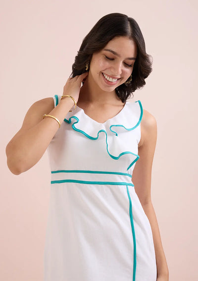Ice Queen-Ruffle Neck White Dress For Women