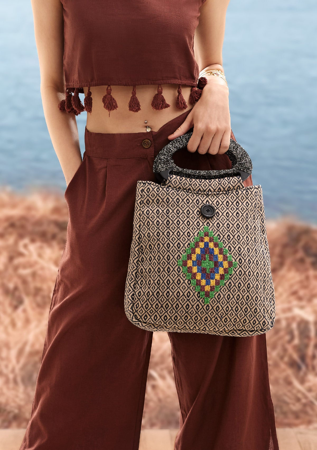 Jacquard bag with bead work - IshqMe