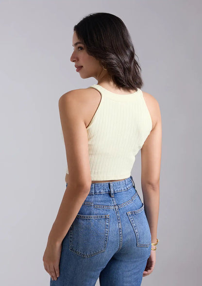 Ivory White Ribbed Halter Top For Women