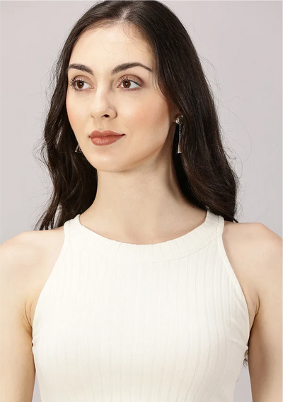 Ivory white ribbed halter top with elegant wide ribs and halter neck