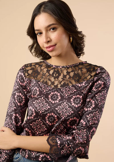 Jamila - Moroccan printed Lace Accent Blouse