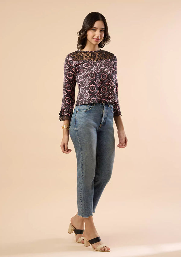 Jamila - Moroccan printed Lace Accent Blouse