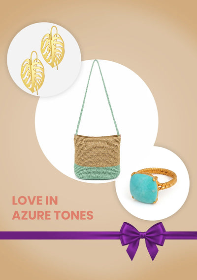 Love in Azure Tones Anniversary Gift Set for Her | Raffia Sling Bag, Leaf Earrings & Turquoise Ring