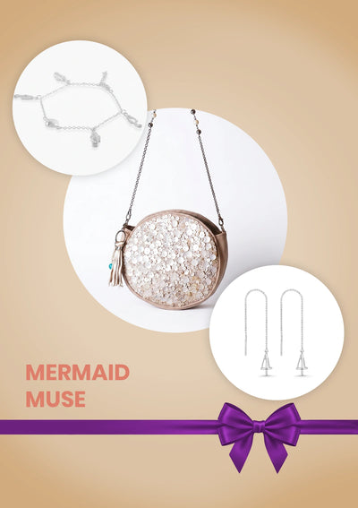 Mermaid Muse Birthday Gift Set for Her | Mother of Pearl Crossbody Bag, Charm Bracelet & Threader Earrings