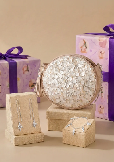 Mermaid Muse Birthday Gift Set for Her | Mother of Pearl Crossbody Bag, Charm Bracelet & Threader Earrings