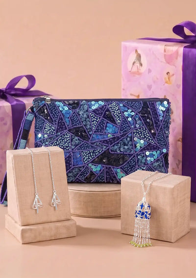 Midnight Blue Muse Self Love Gift Set for Women | Blue Beaded Clutch, Threader Earrings & Blue Enamel Necklace