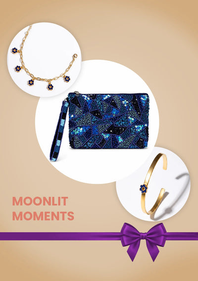Moonlit Moments Date Night Gift Set for Her | Beaded Clutch, Flower Charm Bracelet & Enamel Bangle