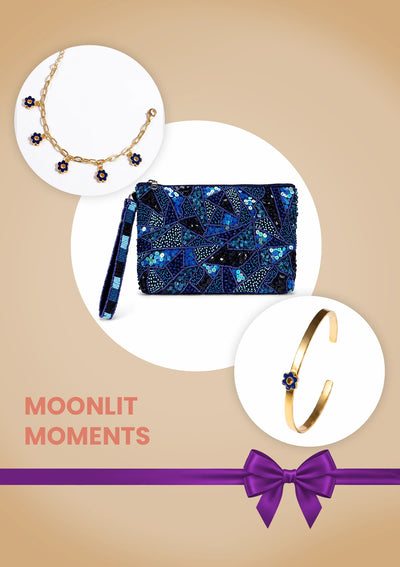 Moonlit Moments Date Night Gift Set for Her | Beaded Clutch, Flower Charm Bracelet & Enamel Bangle