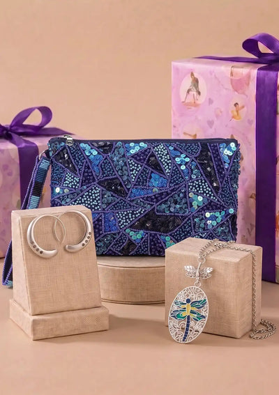 Mystical Midnight Festive Gift Set for Her | Beaded Handheld Clutch, Dragonfly Necklace & Silver Earrings