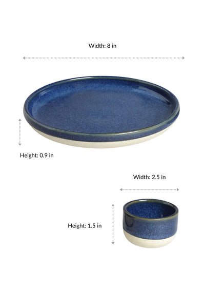 IshqME Deep Blue Dining & Decor Combo: Ceramic Dinner Set & Mini Vase