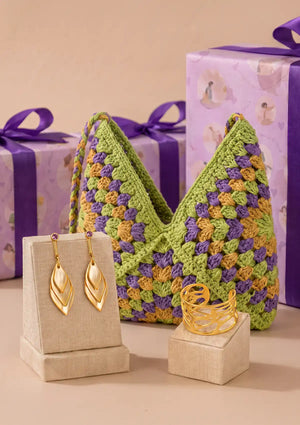 Organic Elegance Self Love Gift Set for Women | Green Crochet Crossbody Bag, Leaf Earrings & Cuff Bracelet