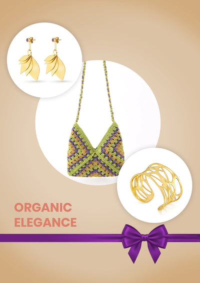 Organic Elegance Self Love Gift Set for Women | Green Crochet Crossbody Bag, Leaf Earrings & Cuff Bracelet