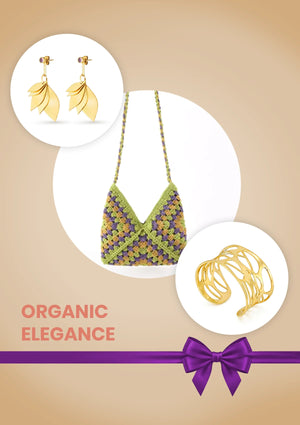 Organic Elegance Self Love Gift Set for Women | Green Crochet Crossbody Bag, Leaf Earrings & Cuff Bracelet
